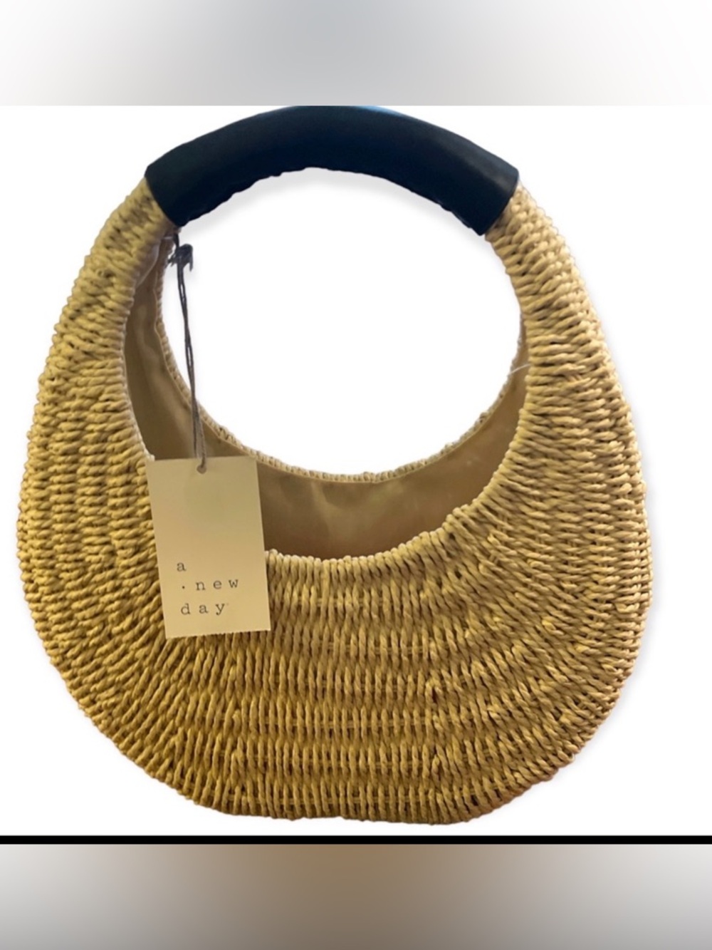 a new day Natural Woven Straw Hobo Bag with Black Handle Wrap